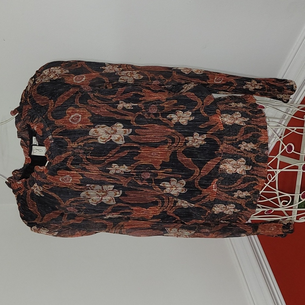 Joie Black/Rust Print Elastic Waist Sheer Sleeve Top Size XL - Picture 2 of 6